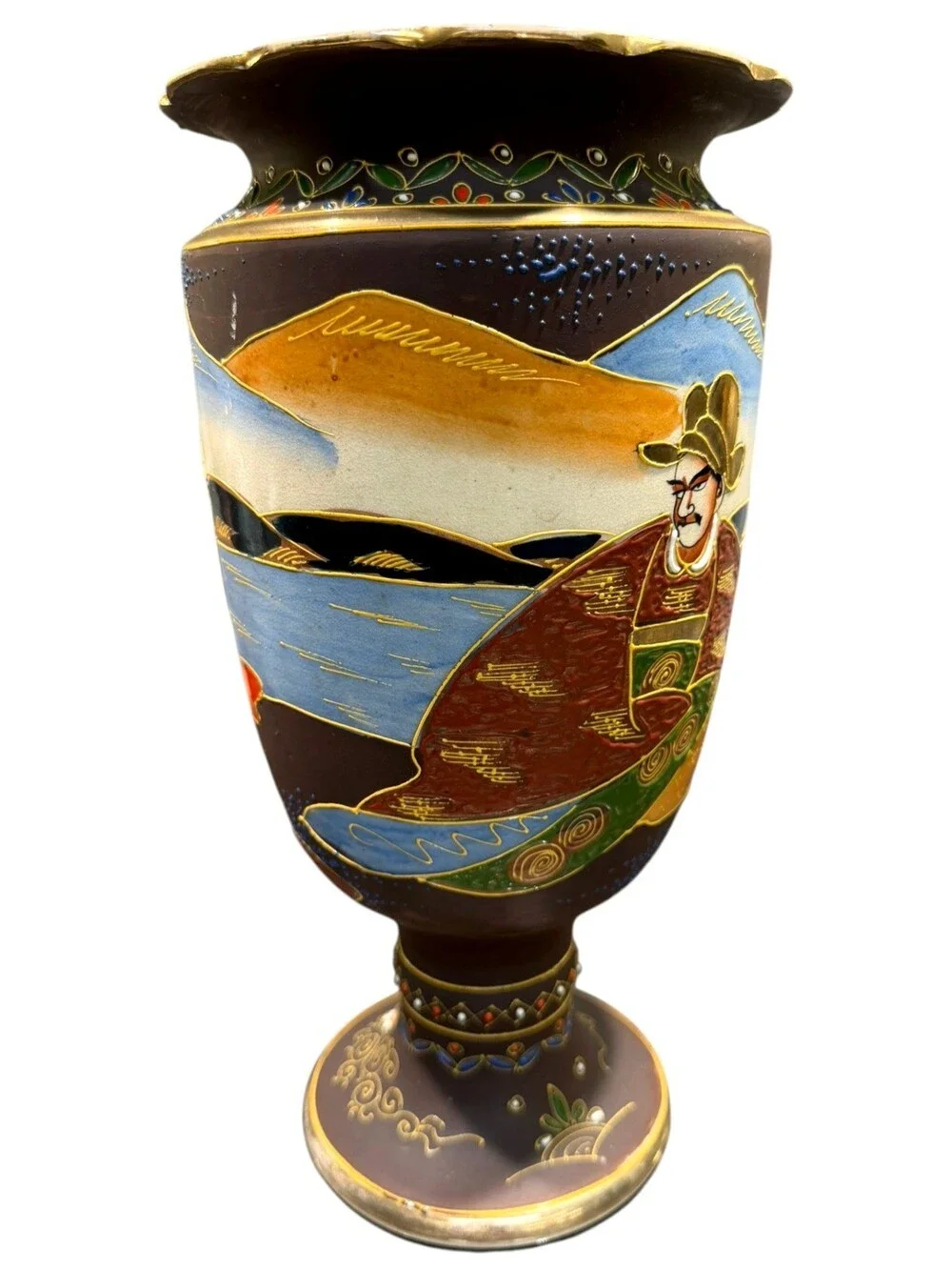 Vintage Japanese Satsuma Moriage Pedestal Vase Figural Gilt 12.25